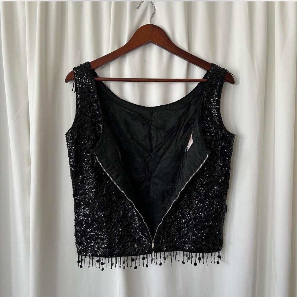 Vintage 1960s Black sequin tank top with beaded fringe glam 100% Wool Medium. - Picture 4 of 8
